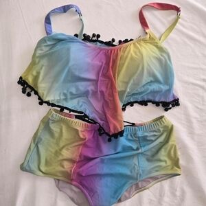 Torrid Colorful Two-Piece Swimsuit with Pom Pom Trim